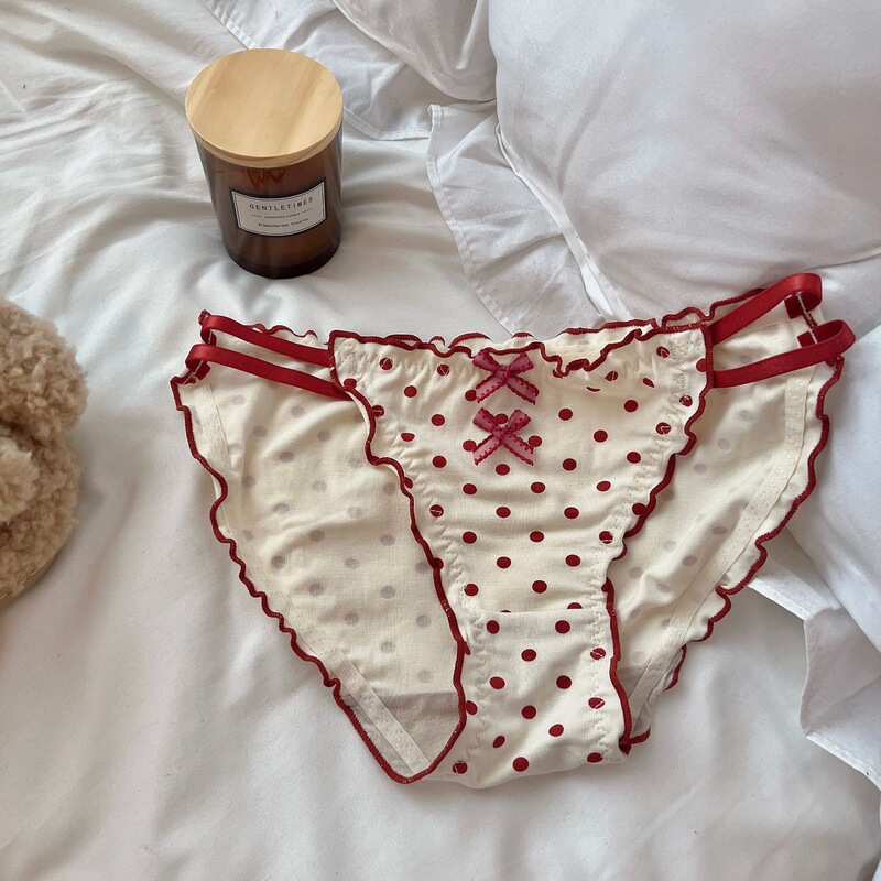 白茶の猫の乳のフフの優しい波のポイントの女性の下着の甘くてかわいい蝶結びの木の耳元の三角の下着の女性|undefined