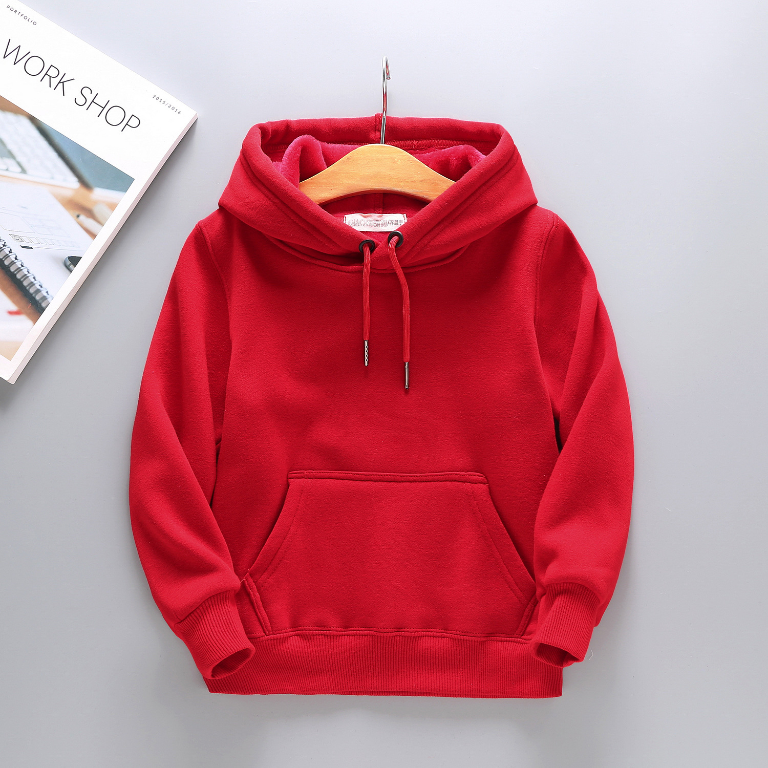 New winter children's sweatshirt, solid color, fleece-lined, hooded, trendy, unisex, customizable logo-printed long-sleeved.