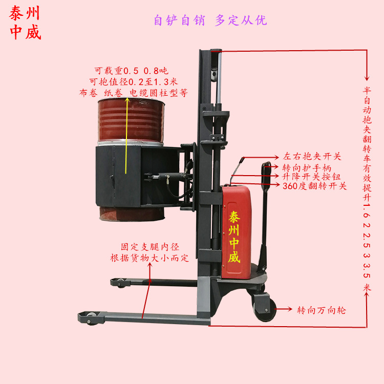 电瓶抱夹旋转机半自动液压抱夹升降堆放车纸卷油桶型电瓶装缷车