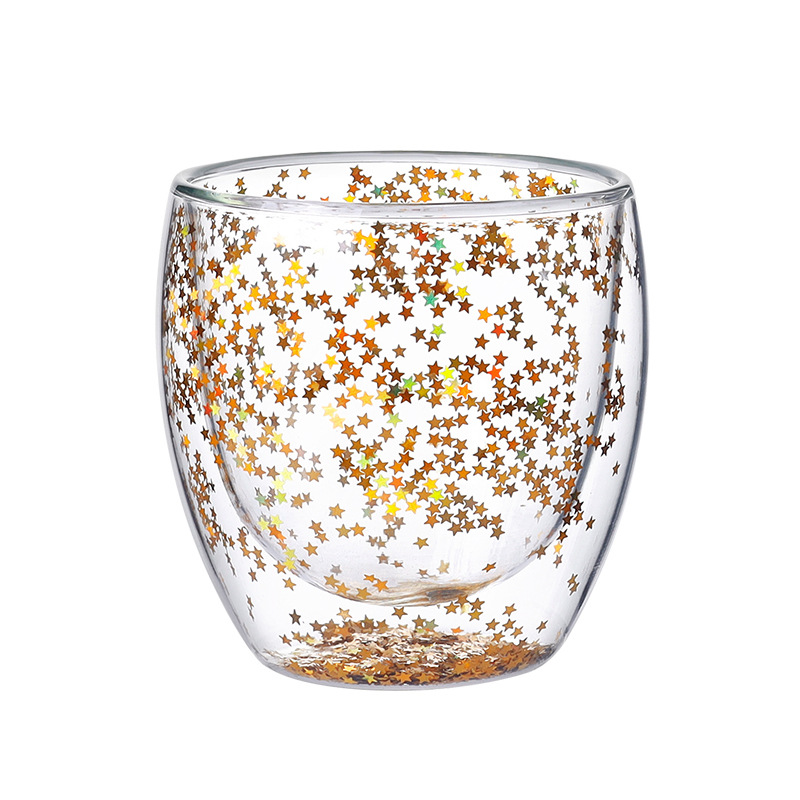 Transparenter, doppelschichtiger Glasbecher mit Sternenhimmel, Frühstücksmilch, Kaffeetasse, Saftbehälter, Valentinstagsgeschenk, Küchenbedarf_voghion.com