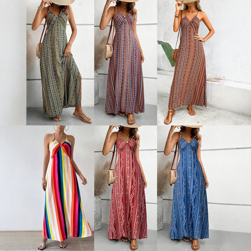 In-Stock 2025 European and American Spring/Summer New Women's Fashion Spaghetti Strap Printed Beach Slit Dress High-Waisted Slimming In-Stock 2025 European and American Spring/Summer New Women's Fashion Spaghetti Strap Printed Beach Slit Dress High-Waisted Slimming