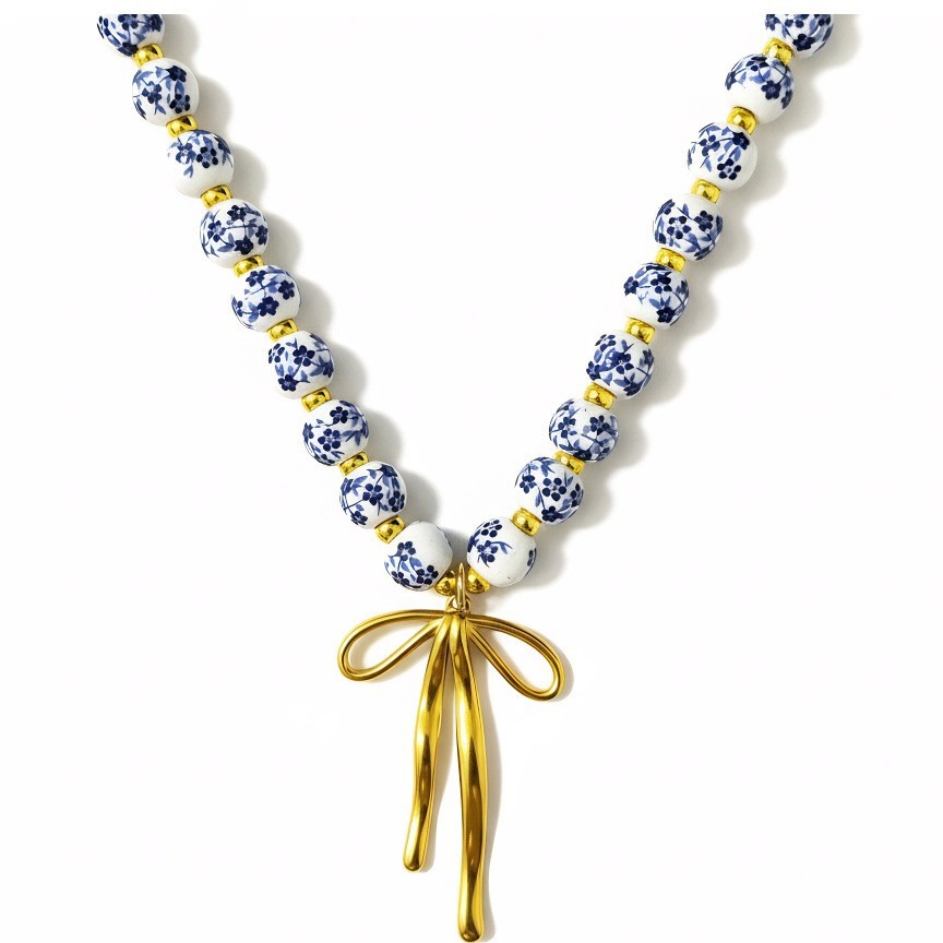 Cross-Border Hot Selling Chinese Style Blue and White Porcelain Bow Love Stainless Steel Pendant Retro Fashion Necklace Jewelry Wholesale