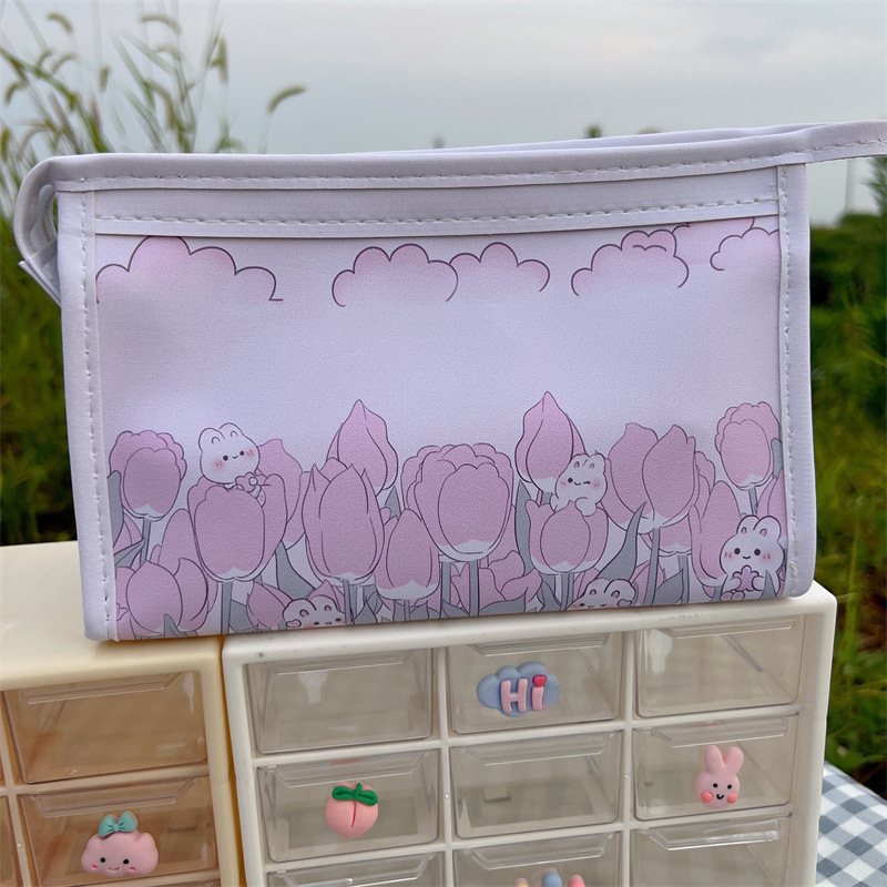 Tulip de gran capacidad pu niña corazón estuche para lápices estilo ins bolsa de papelería de alto valor bolsa de almacenamiento estuche para lápices impermeable