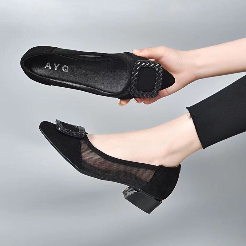 Giày lười nữ mũi nhọn da lưới thoáng khí, xỏ chân tiện lợi, gót 3 cm — Gót đen cao 3 cm