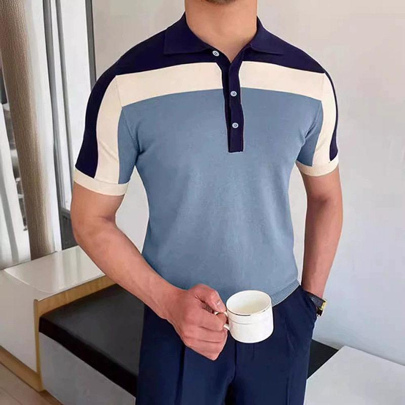 欧美外贸男装 亚马逊新款拼接针织衫 短袖撞色修身polo衫男|undefined