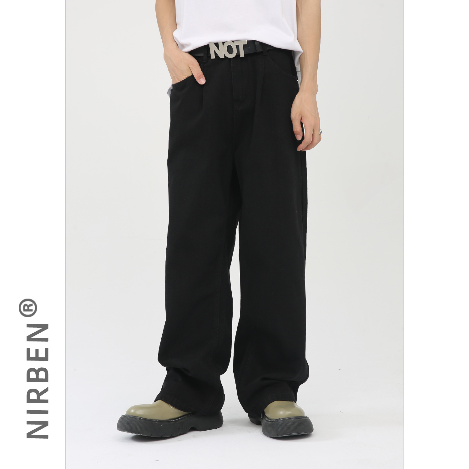 Nirben Denim | Pantalones rectos sueltos de pierna ancha sueltos de color sólido de estilo coreano en vivo