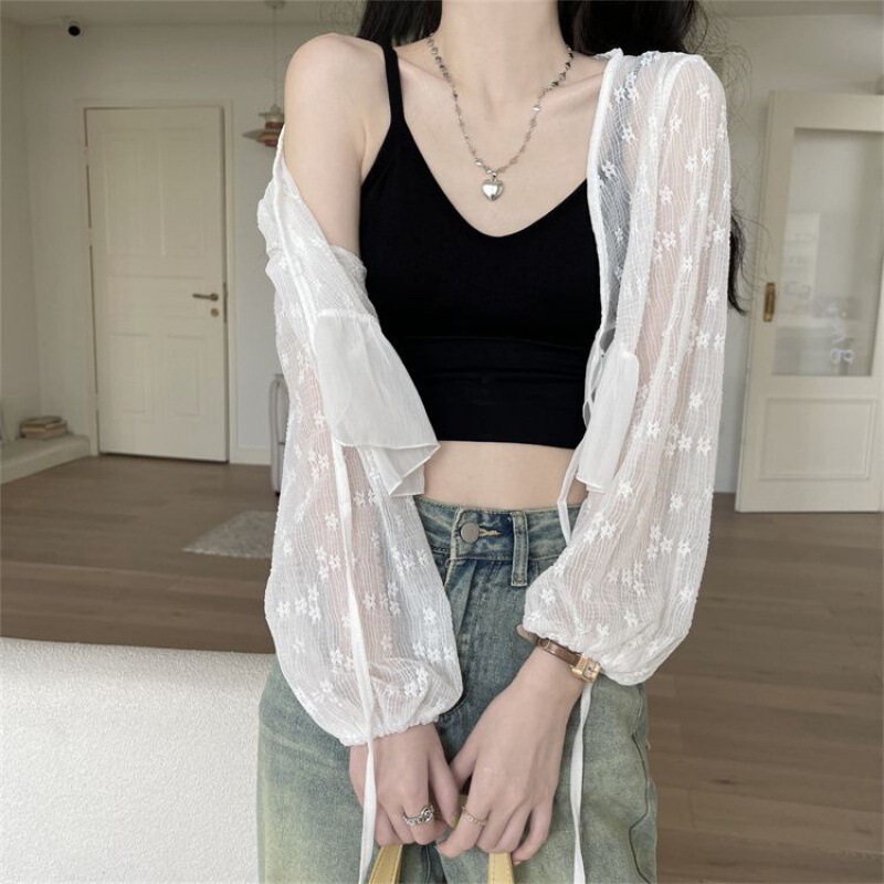 Ruffled Lace-up Lace Shirt Women's Summer 2024 New Style Thin Outer Sunscreen Cardigan Long-sleeved Coat Top Ruffled Lace-up Lace Shirt Women's Summer 2024 New Style Thin Outer Sunscreen Cardigan Long-sleeved Coat Top