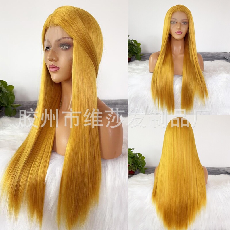 European and American Golden Yellow Wigs, Hand-Woven Front Lace 13*4 Headgear, Long Straight Hair, Front Lace Wigs, Blonde Female Manufacturer