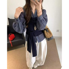 十三行2025秋新款小众拼接假两件衬衫女绑带收腰显瘦polo领上衣