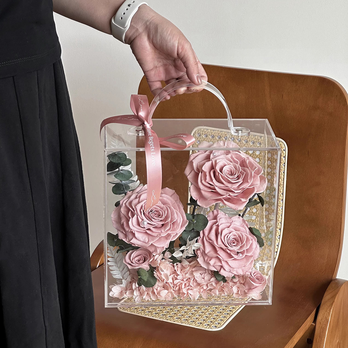 Caja de flores de vida eterna de acrílico, flores ricas, flores, flores, arreglos florales, embalaje, caja de bricolaje, regalo de San Valentín
