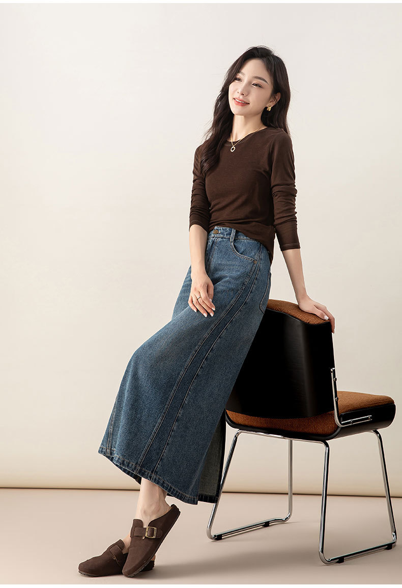 Chân váy denim Lyocell nữ cạp cao dáng A xẻ tà dài trung bình — màu xanh chi tiết 18