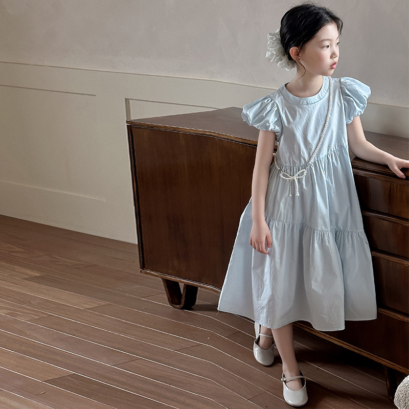 Girls Dress Summer 2025 New Korean Style Children's Cotton Princess Dress Girls Puff Sleeve High-End Dress