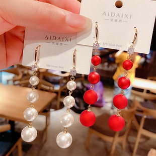 2021新款潮耳环女时尚气质百搭网红磨砂珍珠耳坠长款流苏耳饰耳钩