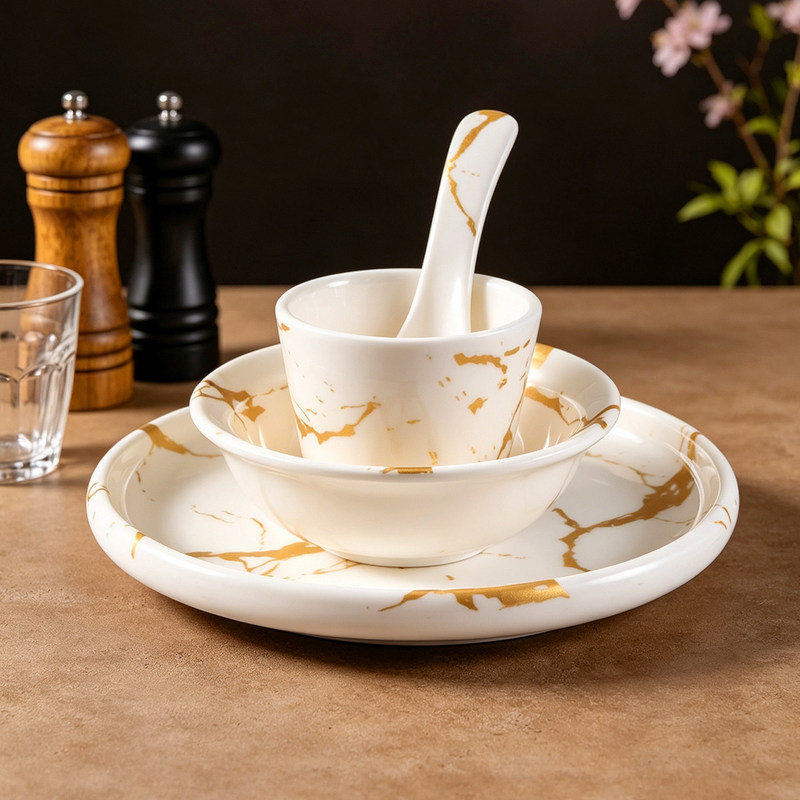 Melamine tableware set for commercial use, imitation porcelain for hotels, restaurants, dining establishments, bowls, plates, spoons, cups, plastic tableware set for hot pot restaurants, four-piece set Melamine tableware set for commercial use, imitation porcelain for hotels, restaurants, dining establishments, bowls, plates, spoons, cups, plastic tableware set for hot pot restaurants, four-piece set