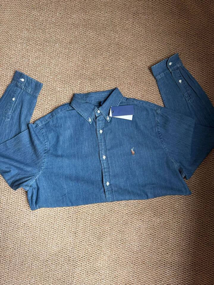 Áo sơ mi denim nam cổ điển thêu logo ngựa, áo sơ mi cotton dáng suông mặc ngoài — Áo sơ mi denim (nam)