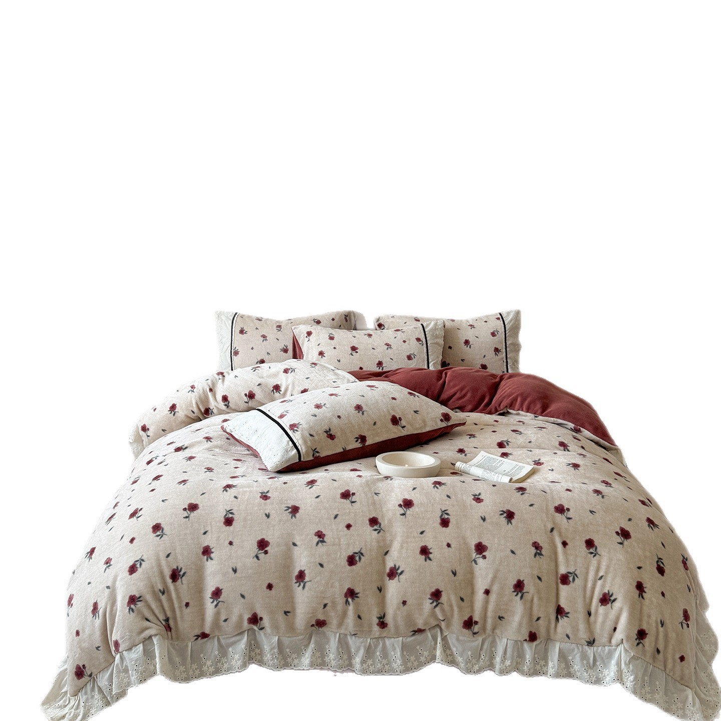 Set di quattro pezzi caldo e ricamato in velluto di latte, stile vintage francese boho, autunno/inverno, in stile vintage francese, con finiture in pizzo e morbido copripiumino._voghion.com