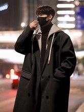韩系中长款毛呢大衣男潮牌假两件连帽过膝风衣外套冬季加厚呢子衣