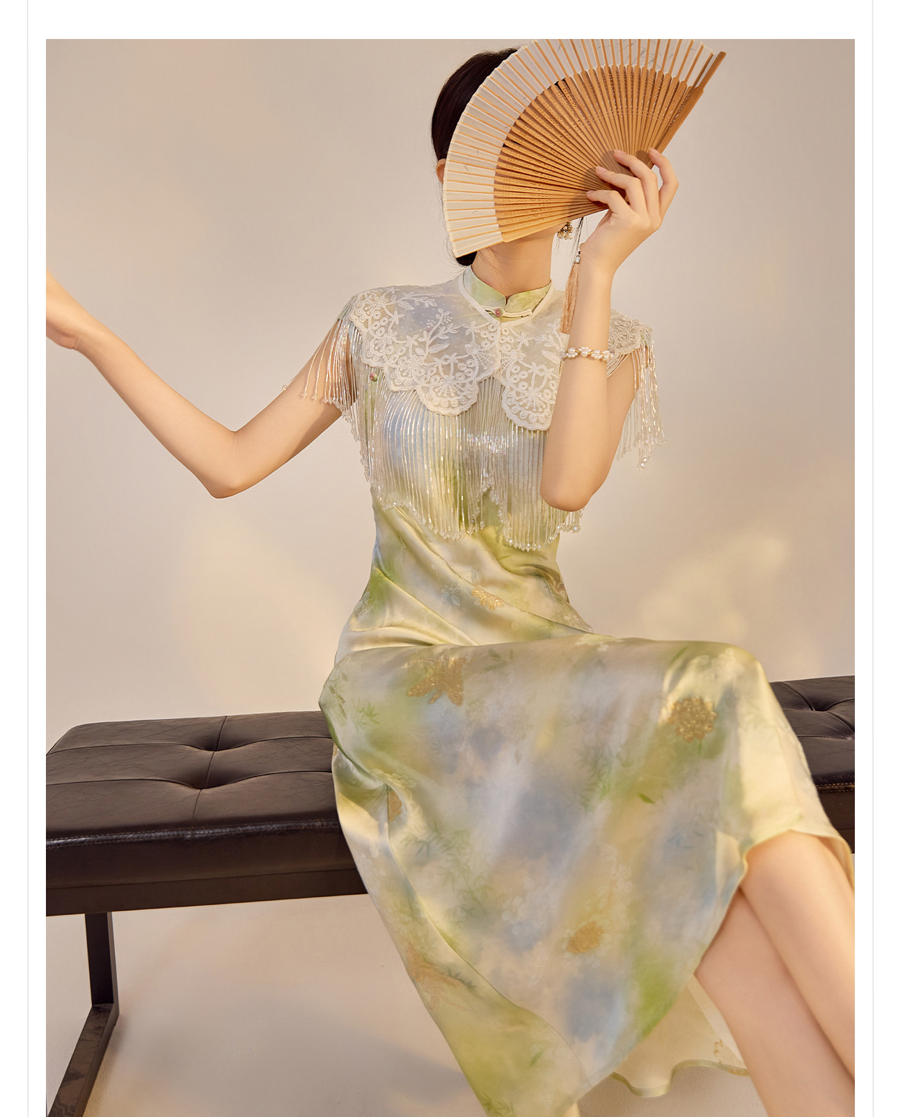 Váy Qipao cải tiến cao cấp phong cách Trung Quốc mới, in họa tiết tinh tế, cổ đứng ôm sát N5008 — Hiển thị màu xanh chi tiết 9