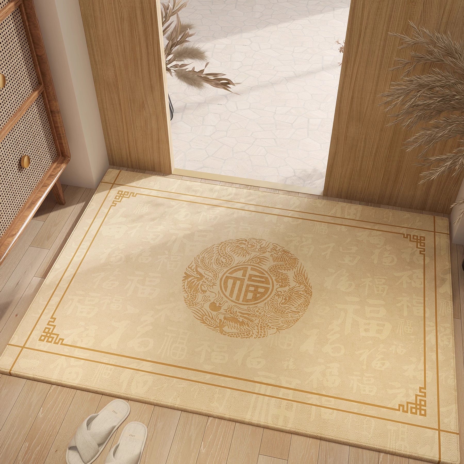 Nueva alfombra de piso de puerta de entrada amarilla china, alfombra de pie antideslizante resistente a la suciedad para el hogar, alfombra dorada en la puerta