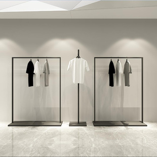 High-end clothing display rack with plate black matte creative new floor-to-ceiling hangers Internet celebrity display rack square tube