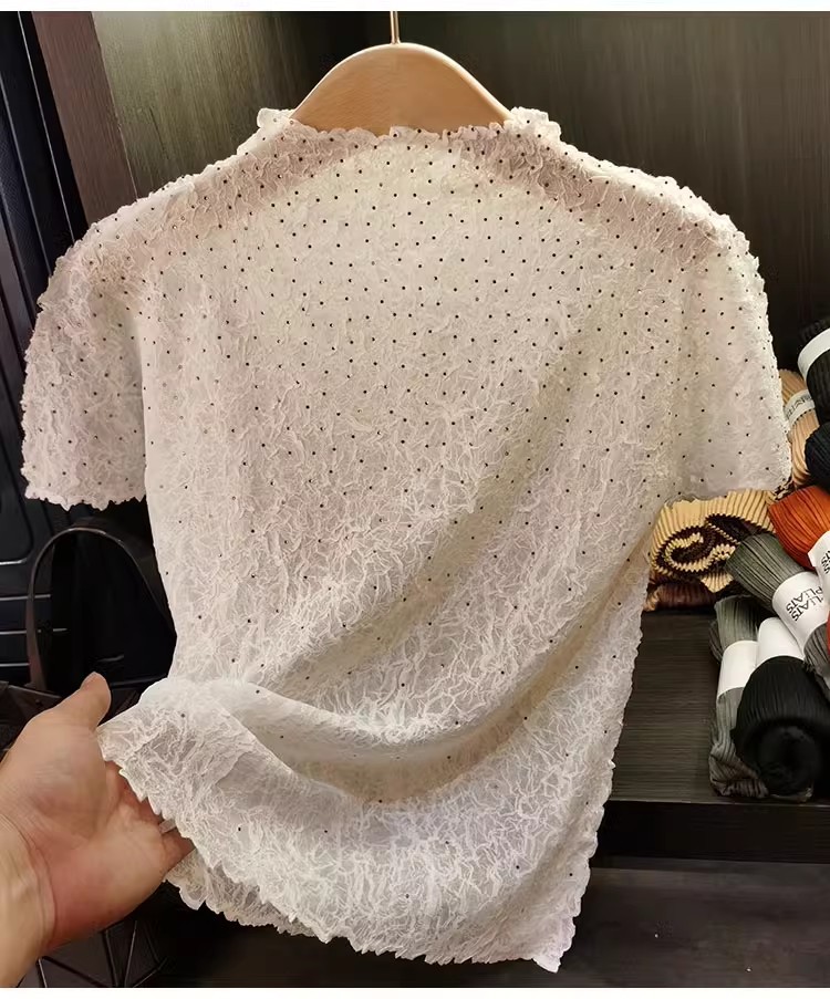 Áo thun ngắn tay cổ đứng xếp ly đính đá dễ phối mùa hè cho nữ — Màu đen, Màu tím, Màu xanh ngọc, Màu xanh đậm chi tiết 11