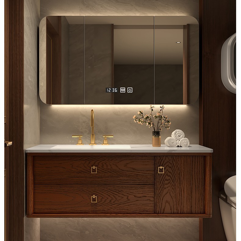 塗装赤オーク新中国式浴室キャビネットセットトイレ岩板陶磁器洗面器洗面台風呂|undefined