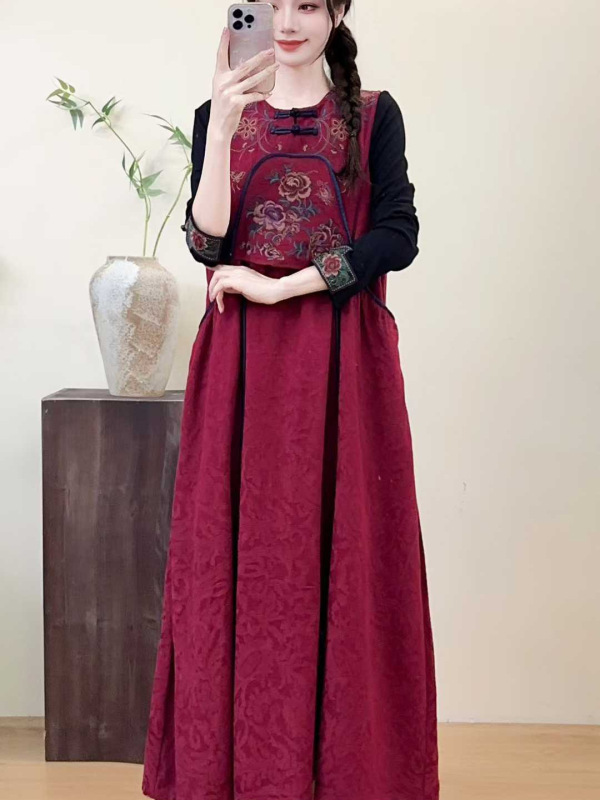 2025秋季棉麻提花加长款女马甲裙国风刺绣民族风女式无袖连衣裙|undefined