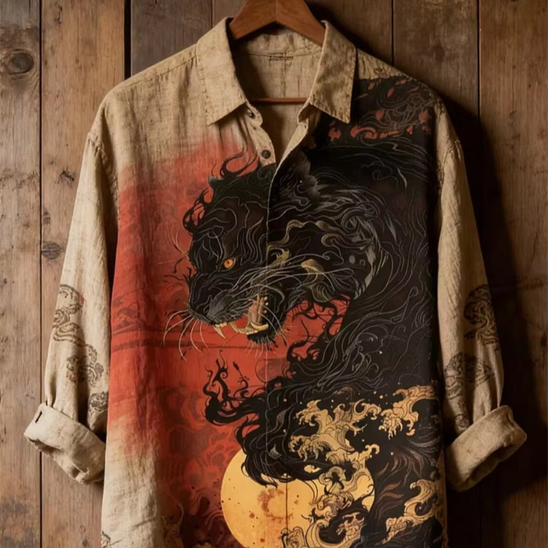 Cross-Border Independent Site Temu Shein Men's Long-Sleeve Shirt with Black Leopard and Full Moon 3D Digital Print, Turn-Down Collar Shirt Wholesale