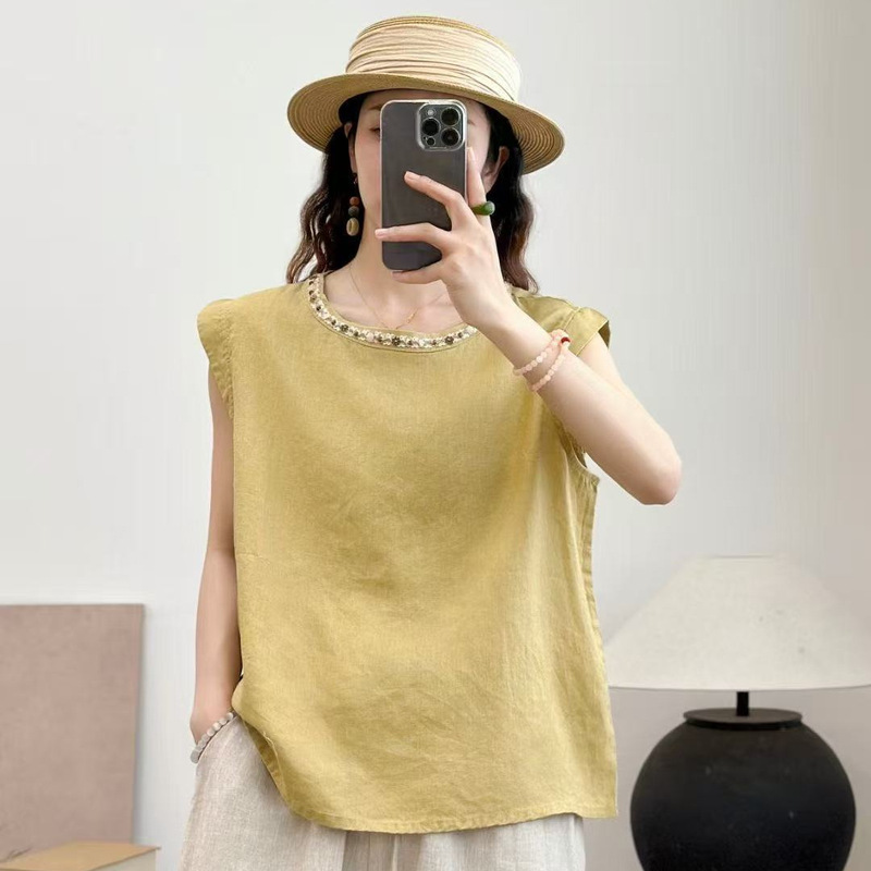 25 Years Summer Shirt Pure Linen Sleeveless Loose Casual Korean Style Ethnic Style Braided Beaded Sleeveless Vest Top