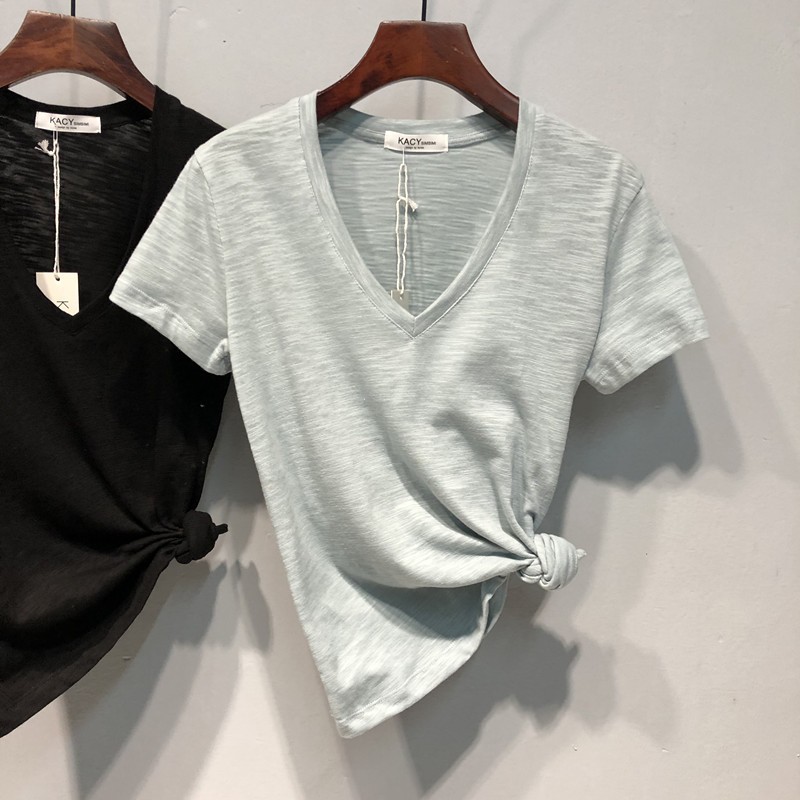 Women's Bamboo Cotton V Neck Short Sleeve T-Shirt Unique Design Slimming Summer Thin Versatile Top_ecoleips.com