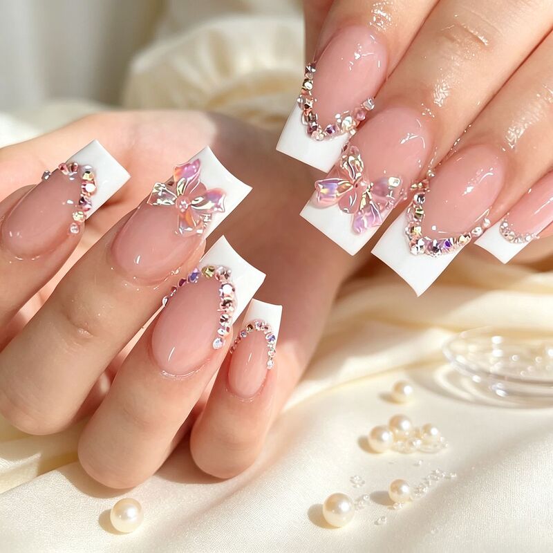 24-Piece Medium-Length Sweet Girl French Aurora Bow Rhinestone Decorative Press-On Nails Pre-Made Nail Pieces Finished Nail Art 24-Piece Medium-Length Sweet Girl French Aurora Bow Rhinestone Decorative Press-On Nails Pre-Made Nail Pieces Finished Nail Art