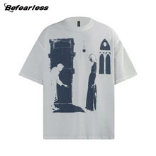 美式复古字母人物短袖T恤夏季男女潮流宽松百搭设计感情侣半袖tee