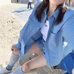 现货高版本alo细条纹宽松长袖衬衫上衣+阔腿休闲松紧腰短裤套装女