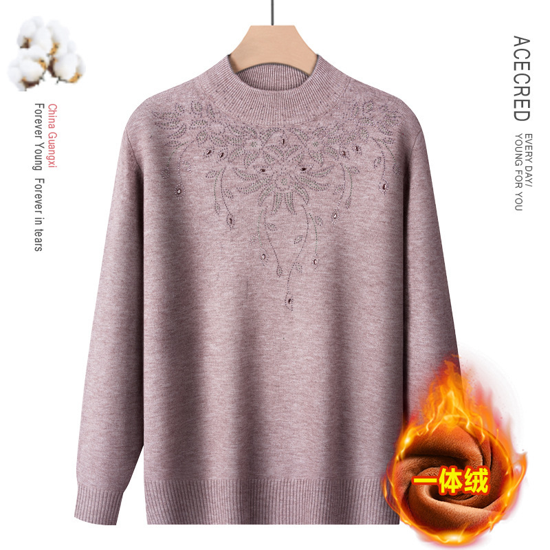 Foreign-style mother autumn and winter fleece-lined half turtleneck sweater middle-aged and elderly women's fashion one-piece velvet warm bottoming new top