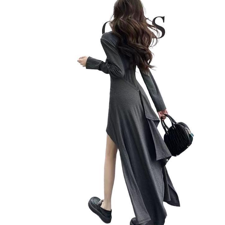 法式赫本风不规则黑色连衣裙子女2025秋冬季新款收腰显瘦气质长裙|undefined