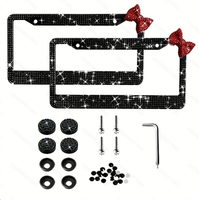 cross-border model, US standard, diamond-embellished: License plate holder/license plate holder - black-red-bow-two-piece-set