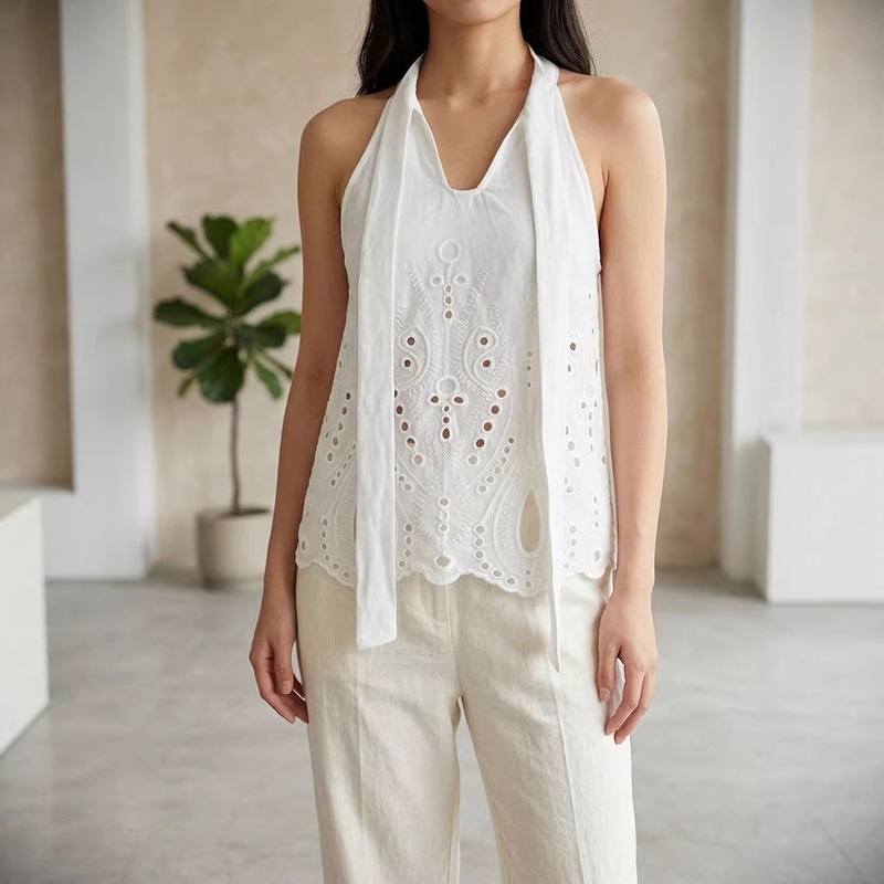 French-Style Halter Neck Tie-Up Sleeveless Top, Heavily Embroidered Hollow-Out Design, Cotton-Like Fabric, Slimming Vest for Outerwear with Hollow-Out Embroidery