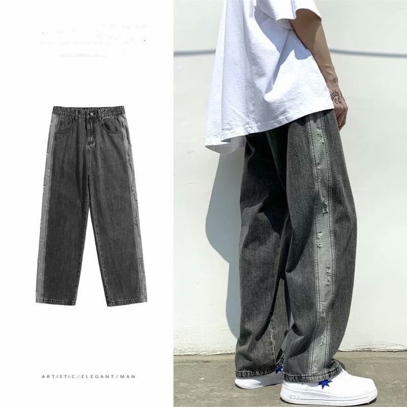 Ripped Jeans Men's Summer Thin Loose Straight All-match Pants Trendy Brand ins Trendy Ruffian Handsome Wide-leg Pants