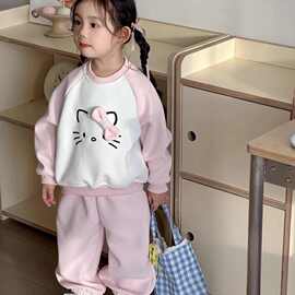 女童洋气休闲加绒卫衣套装卡通图案猫咪百搭幼儿园宝宝卫衣卫裤冬