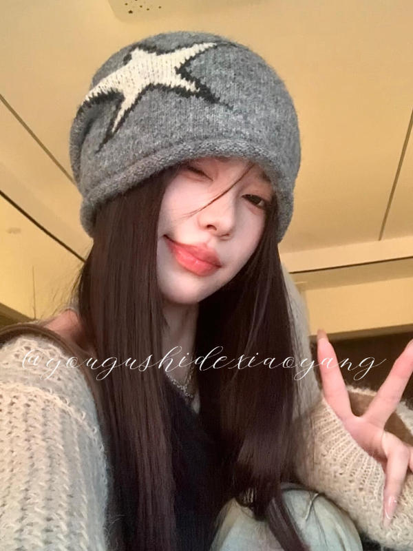 辣妹星星针织冷帽女秋冬韩系复古堆堆帽女护耳保暖百搭大头围包头|undefined