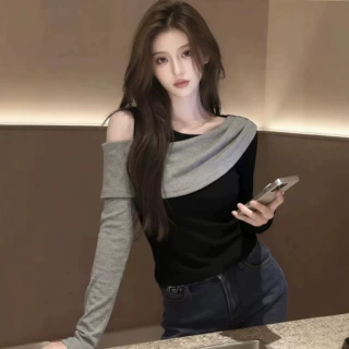 设计感小众撞色露肩内搭长袖T恤女装早秋季修身显瘦百搭打底上衣