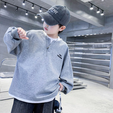 跨境男童秋款华夫格卫衣中大儿童时尚假两件韩版长袖套头上衣代发