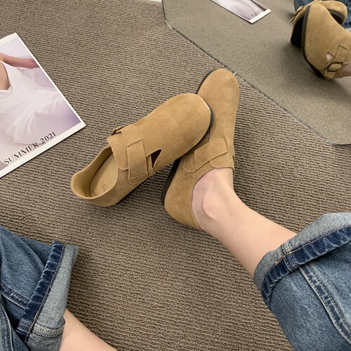 Boken Shoes for Women: Genuine Leather Suede Flat Slip-Ons with Soft Soles, Soft Vamps, and a Comfortable, Adorable Japanese-Style Retro Design—Fully Enclosed Toe Style