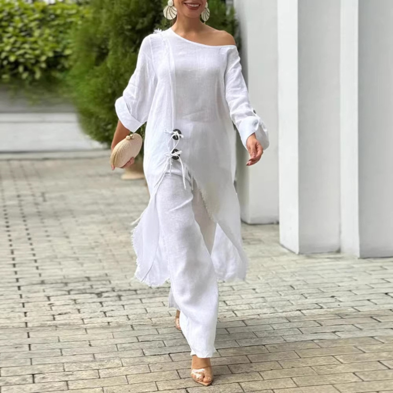 European and American Style Cross-Border One-Shoulder Slit Top and Wide-Leg Pants Loose-Fitting Set European and American Style Cross-Border One-Shoulder Slit Top and Wide-Leg Pants Loose-Fitting Set