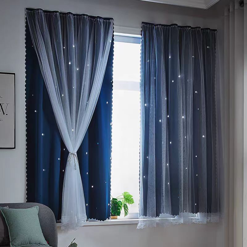 Moderno minimalista estrella doble sombra de tela de encaje cortina de dormitorio balcón hueco estrella cortina terminada