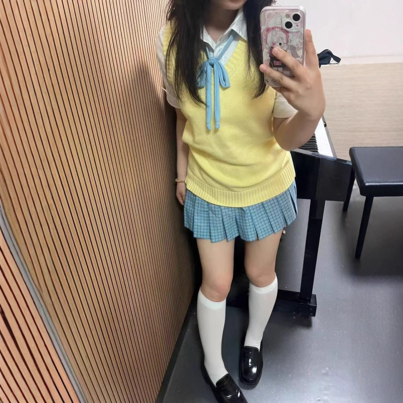 School Style Jk Knit Pleated Skirt Uniform Set Summer Thin Vest Short Skirt Shirt Vest Sweater Set