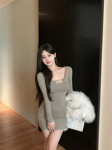 Women's American Sexy Mature Style Square Collar Long Sleeve Solid Color Base Layer Dress Autumn Quality Bustier Mini Skirt