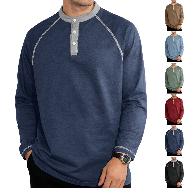 Nuevo Europa y América primavera y otoño nuevo hombre botón de tamaño grande color combinación camiseta deportiva de manga larga camiseta de polo transfronteriza casual