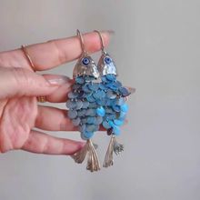 蓝色鱼鳞圆片小鱼耳环复古中小众个性夸张海边度假风拍照出片耳饰