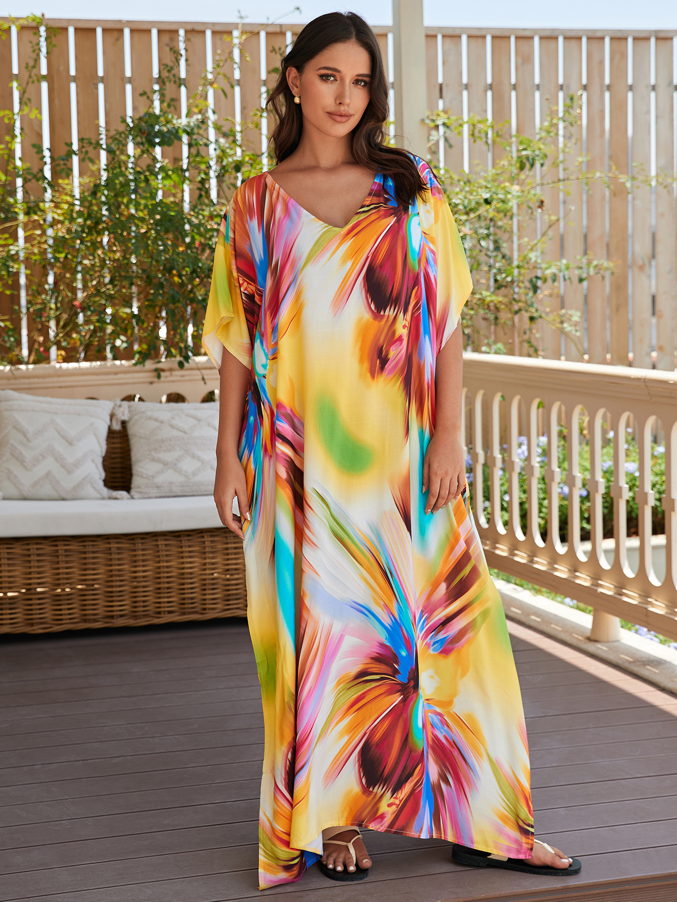 Rochie de plajă lungă kimono dama boho viscoză tie-dye_voghion.com